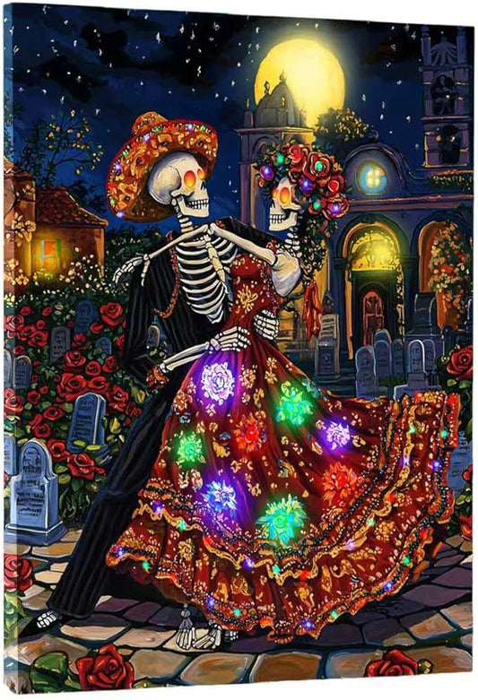 Artiluxy Ghost Bride Skeleton Couple Dance LED Wall Art - 16x20 Inch Day of the Dead Decor with RGB Color Changing Lights & Auto Timer, Vertical Hanging Gifts for Halloween