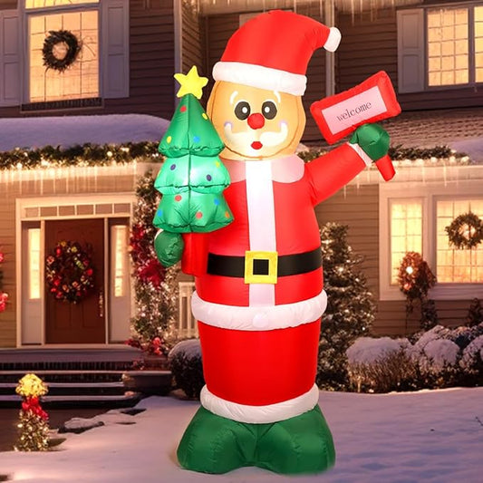 6Ft Christmas Inflatables Santa Gingerbread with LED Lights & Gift Box, Giant Christmas Inflatables Yard Decorations, Xmas Blow Up Santa Claus, Indoor/Outdoor Christmas Decor for Holiday Patio Garden