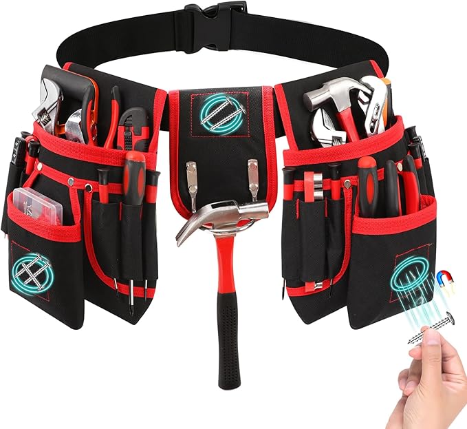 Tool Belt, Magnetic Tool Pouch with 26 Pocket Tool Belts for Men, Heavy Duty Adjustable Tool Pouch Bag, Detachable Utility Belt Tool Bags for Electrician, Carpenter, Construction