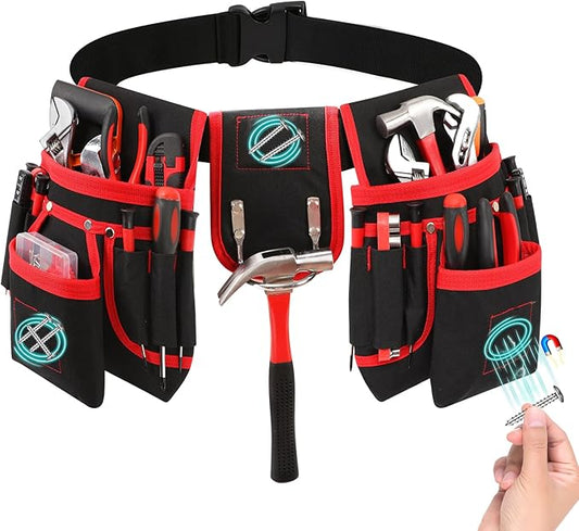 Tool Belt, Magnetic Tool Pouch with 26 Pocket Tool Belts for Men, Heavy Duty Adjustable Tool Pouch Bag, Detachable Utility Belt Tool Bags for Electrician, Carpenter, Construction