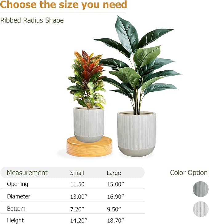 14.2" H x 13" D Ribbed Radius Fiberstone Round Planter - Christmas Tree Planter, Weather Resistant for Indoor and Outdoor Use, Included 2 Extra Coco Mats (Frost Grey, 11.5" Pot Opening)