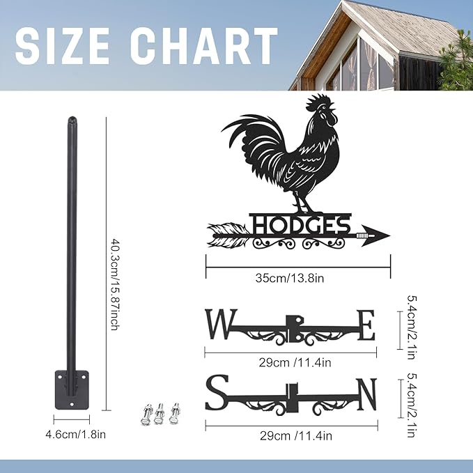 Personalized Rooster Metal Weather Vane, Custom Family Name Weathervane, Wind Direction Indicator, Weather Vanes Roof Mount, Wind Vane Outdoor Decor for Yard Farmhouse Cupolas, Housewarming Gifts