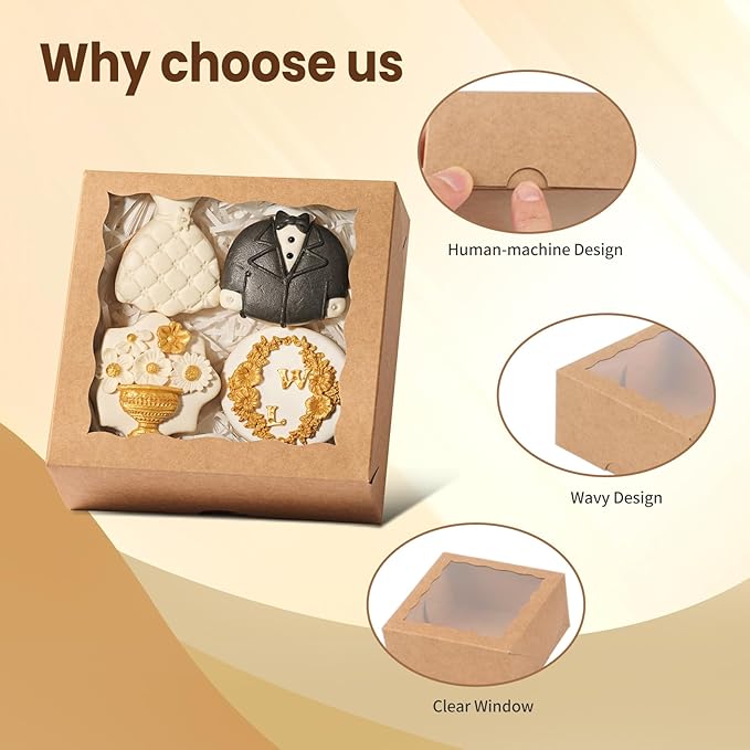20 Pack 6x6x2.5 Inch Brown Pastries Boxes with Window for Cookie, Cake, Macaron, Pie, Bath Bombs,Chocolate Covered Strawberries & More