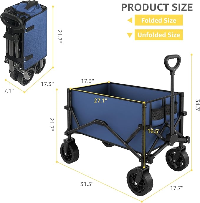 Navy Blue Collapsible Wagon with Wheels, Portable Wagons Carts Foldable, Folding Wagon Cart for Groceries, Sports Garden Shopping Utility Wagon