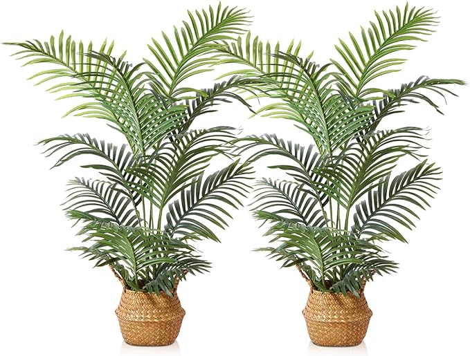 LOMANTO Fake Majesty Palm Plant 4Ft Artificial Plants for Home Decor Indoor Faux Palm Trees in Pot Fake Tropical Plants for Housewarming Gift 2Pack