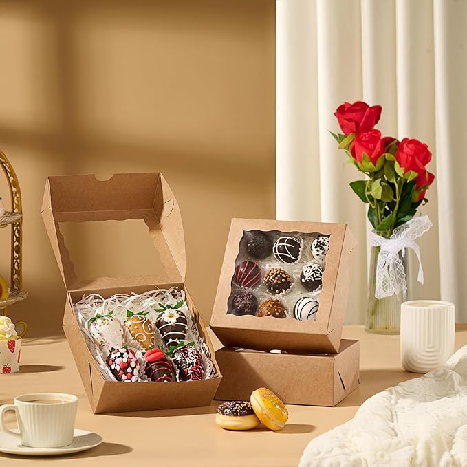 20 Pack 6x6x2.5 Inch Brown Pastries Boxes with Window for Cookie, Cake, Macaron, Pie, Bath Bombs,Chocolate Covered Strawberries & More