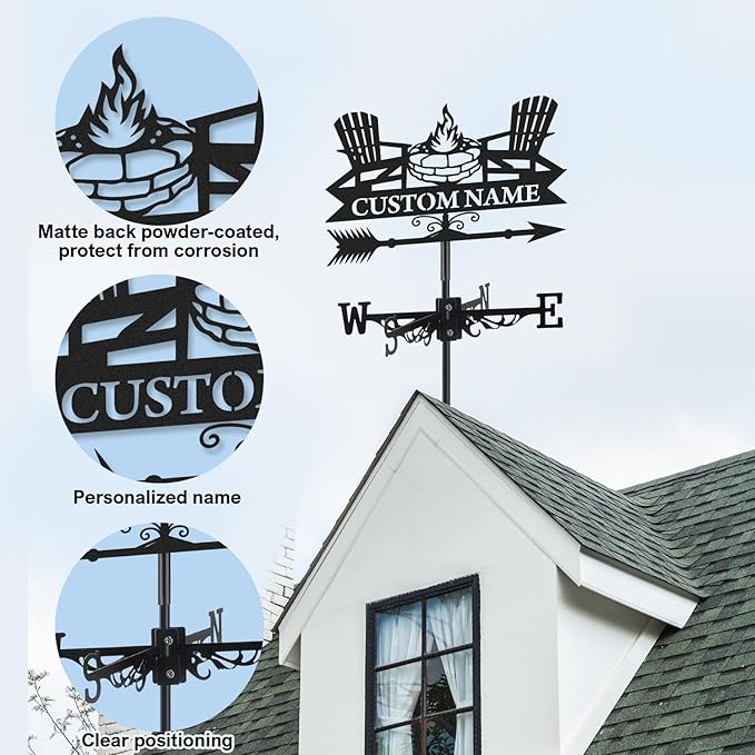 Personalized Camping Metal Weather Vane, Custom Name Weathervane, Wind Direction Indicator, Weather Vanes Roof Mount, Wind Vane Outdoor Decor for Garden Farmhouse Backyard Patio, Customized Gifts