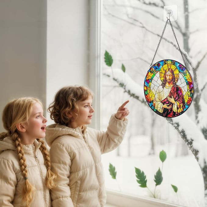Suncatcher Stained Glass Window Hanging - Jesus Christ Glass Panel with Metal Chain and Hooks Handmade Sun Catcher Decoration for Window Garden Home Christmas & Birthday Gifts (8 Inch)