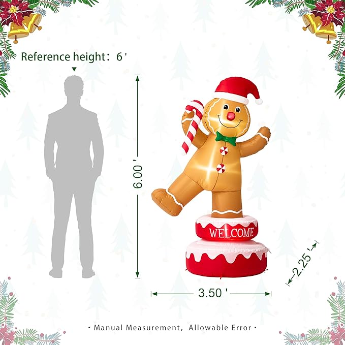 Glitzhome 6FT Inflatable Rotating Gingerbread Man with LED Lights, Christmas Yard Decoration with Candy Cane for Outdoor Indoor Xmas Party Decor