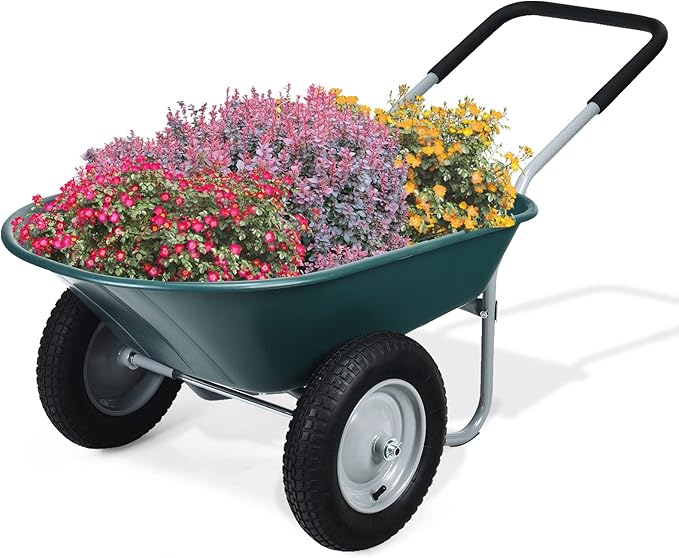 S AFSTAR 2 Wheels Wheelbarrow, Heavy Duty Garden Cart with Two 13-inch Pneumatic Tires, 330 lbs Capacity, Utility Cart for Outdoor Lawn Yard Farm Ranch (Green)