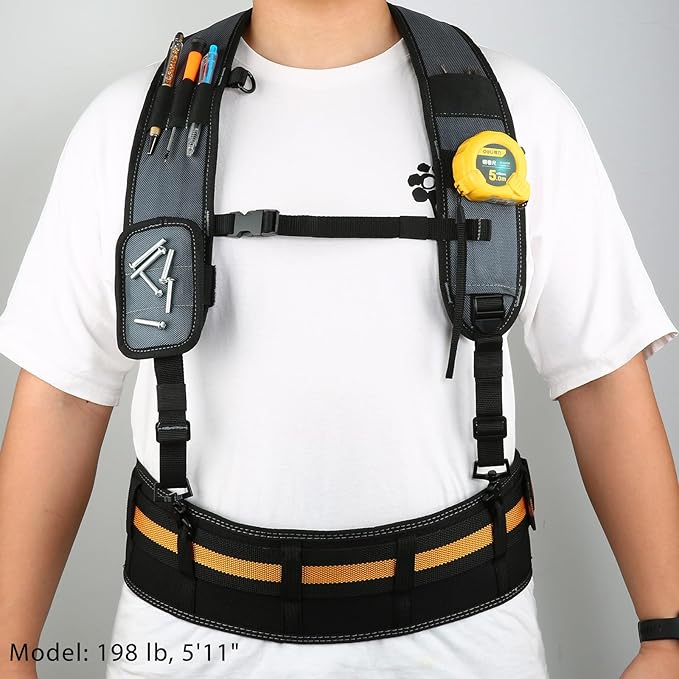 Tool Belt Suspenders, Tool Bag Suspenders, Work Belt Suspender with Magnetic Wristband and Loop Attachment, Padded Construction Suspender for Carpenter, Electrician, Framer, Blue-gray
