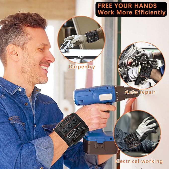 Magnetic Wristband with 15 Strong Magnets for Holding Screws, Nails, Drill Bits, Perfect Tool Gift for Dad, Husband, Handyman or Handywoman, Unique Stocking Stuffers for Men