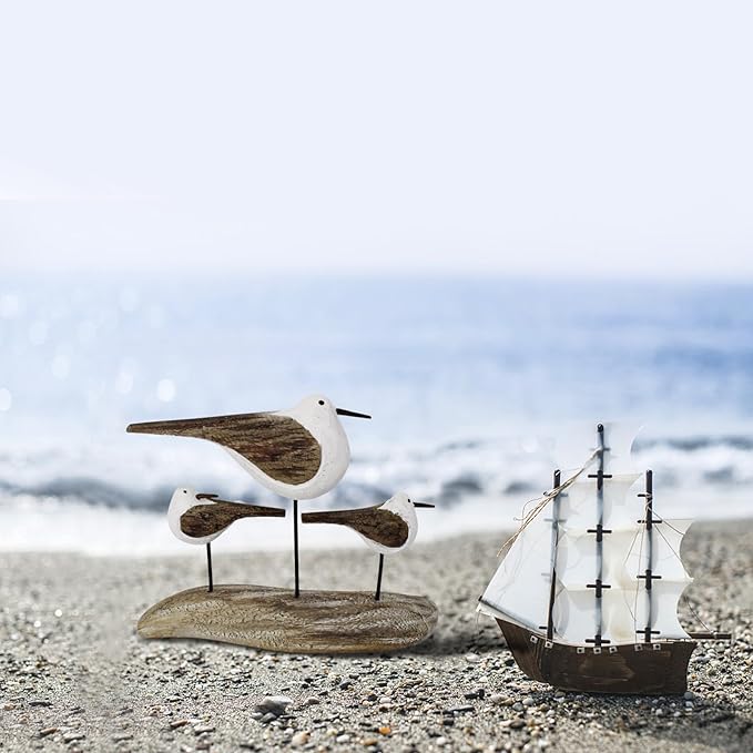 Aecipl Wooden Sea Bird Statue Seagull On Stand Decor Nautical Coastal Birds Sculpture Indoor Outdoor Animal Figurine Beach Themed Decoration Rustic Home Art for Bedroom Garden (E)