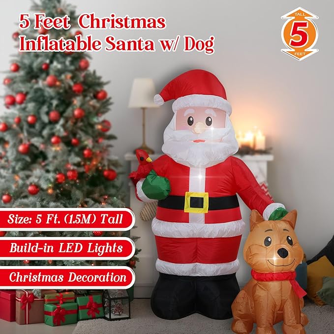 Christmas Inflatables Santa with Dog Cardinal Lighted Yard Lawn Inflatable Decoration with Built-in Fan and Stakes Ropes Holiday Party Decor, Christmas Decor (5FT-Santa with Dog & Cardinal)