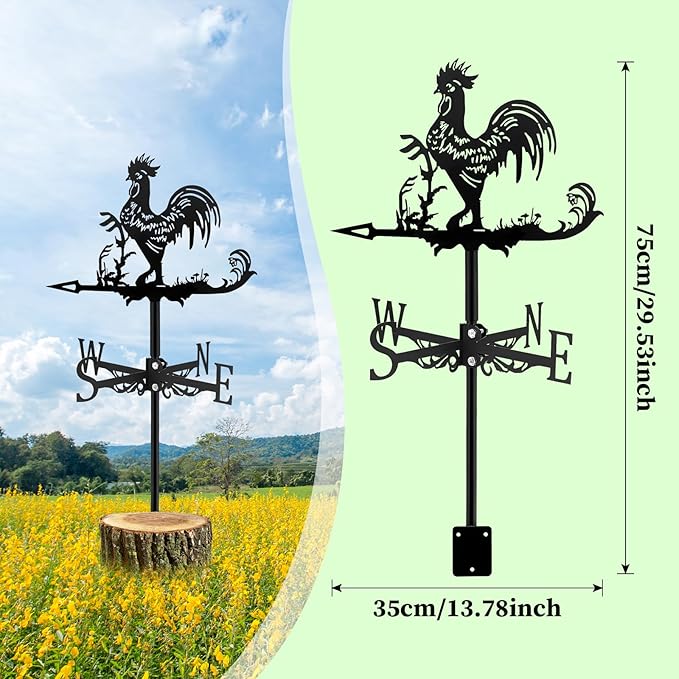 Fenteer Metal Rooster Shape Weathervane Roof Mount Weather Vane Outdoor Scene Chicken Garden Weather Vane for for Shed Garden Yard Patio Decor