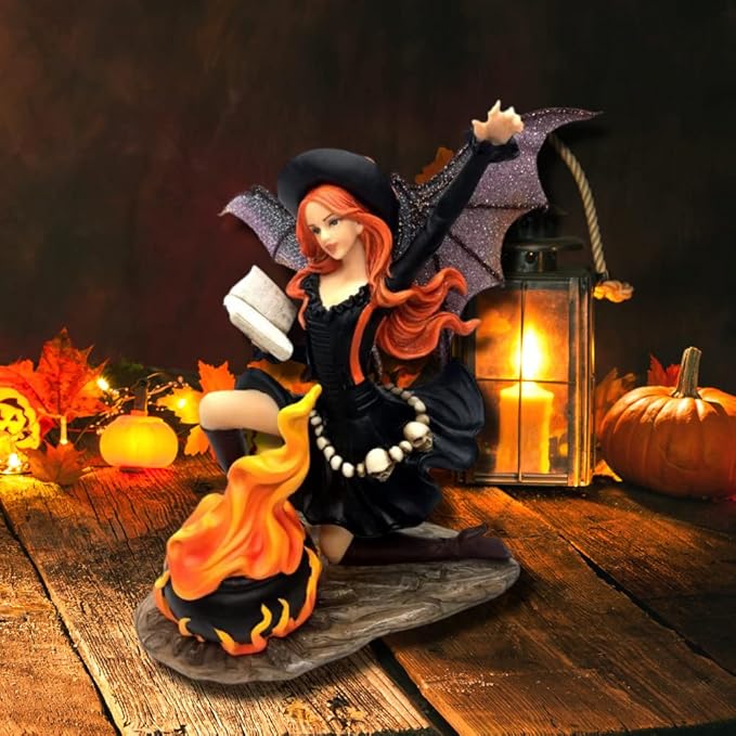 Comfy Hour Fairyland Collection 7” Dark Fairy Witch Cooking Magic Soup Fire Pan Figurine, Halloween Theme Gift, Home Decoration and Collectibles, Polyresin