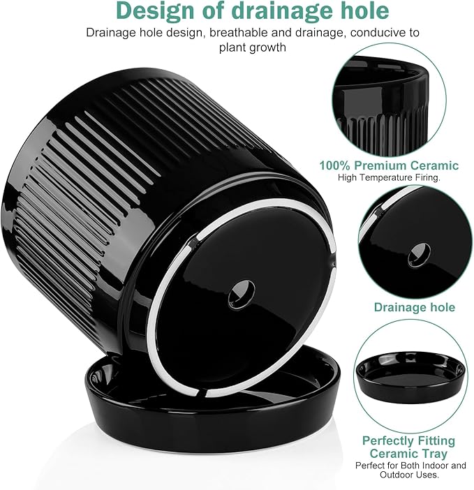 Vanavazon Ceramic Planter Pots for Indoor Plants with Drainage Hole and Saucer,6 Inch Cylinder Plant Pots,Glazed Finish Interior and Exterior,Set of 2 (Black)