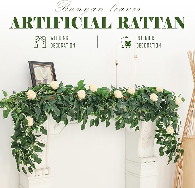 2 Strands Artificial Ficus Vines 79'' Fake Ivy Garland Greenery with Silk Green Leaves Faux Hanging Plants for Bedroom Home Wall Wedding Arch Party Room Decor