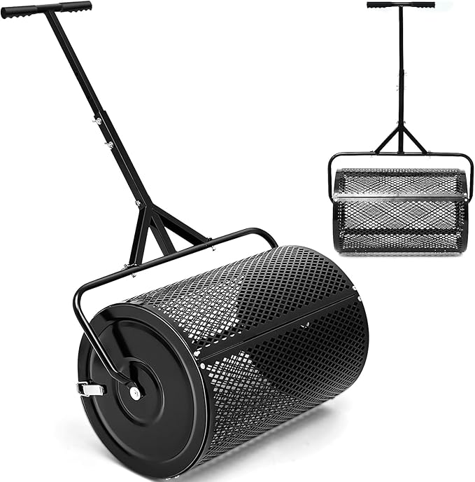 Hiboom 36 Inch Compost Spreader, Peat Moss Spreader, Manure Roller with Adjustable T Shaped Handle, Lightweight Metal Mesh for Lawn Garden Spreading Manure Topsoil (Black)