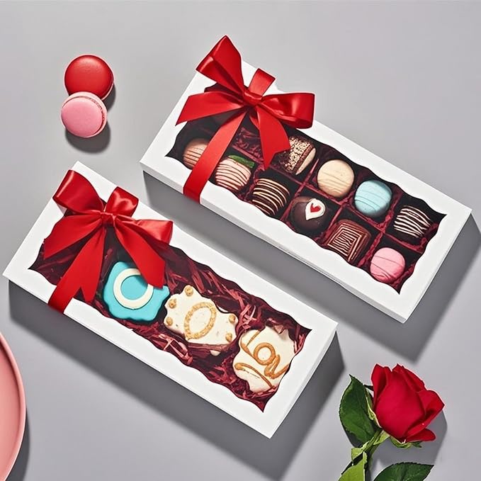 15pcs 12x5x1.5 Inch White Cookies Boxes with Window Bakery Boxes Macaron Boxes Cakesickle Boxes Chocolate Truffle Boxes Donut Treat Boxes for Christmas Valentine's Easter Mother's Day