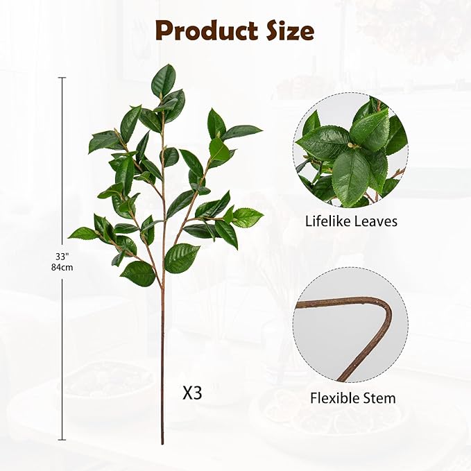 3PCS 33" Fake Plants, Tall Artificial Plant Tea Leaf Branches, Real Touch Fake Camellia Leaves Faux Greenery Stem for Vase Arrangement Kitchen Console Table Decor