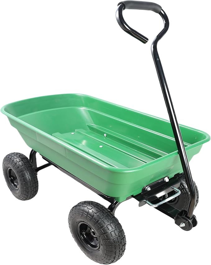 Red Metal Wheelbarrow, Easy Loading and Dumping Garden Cart with Steel Tray, Durable Heavy Duty Utility Trolley for Transporting, Soil, Sand (Green, 4 Wheels-55L)