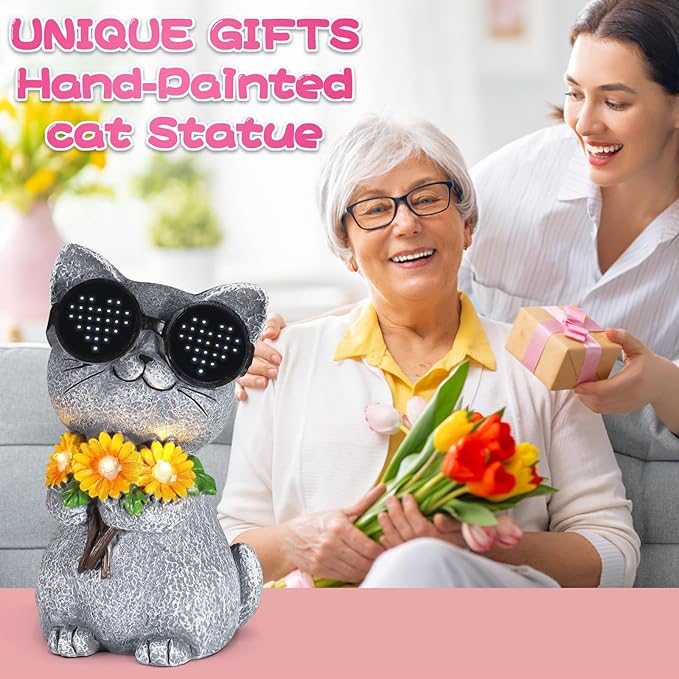 Solar Garden Statues Cat with Daisy and LED Lights Birthday Gifts for Women Mom Grandma Solar Outdoor Decor for Patio Backyard Yard Lawn Decoration-Unique Housewarming Gifts