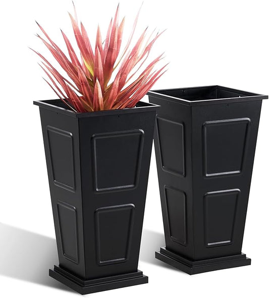 23" Tall Metallic Planter for Outdoor Plants Set of 2, Tapered Steel Flower Pot with Removable Middle Partition Drainage Holes, Large Metal Planters for Front Porch, Garden, Patio, Balcony, Black