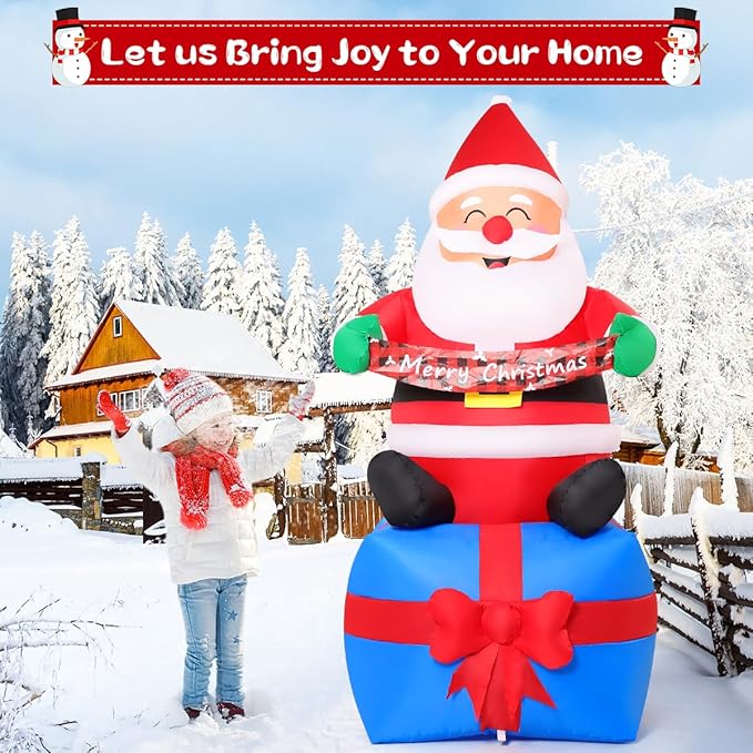 GOOSH 6 FT Christmas Santa Inflatables Outdoor Decorations Smiling Santa Claus Seated with Banner on Present Boxes Blow Up Yard with Built-in LEDs for Christmas Party Yard Garden Lawn Decoration