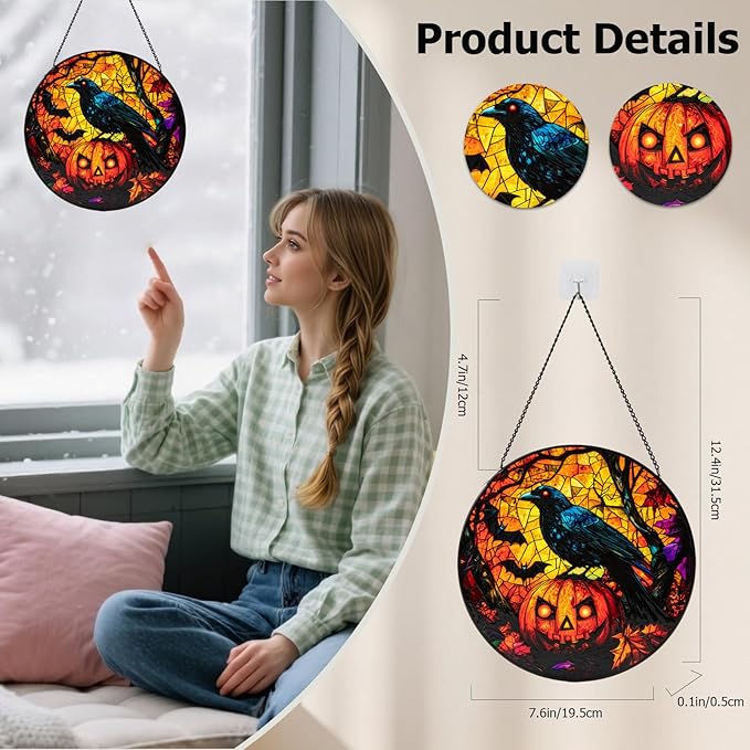 Stained Glass Window Hanging, Halloween Decorations Evil Crow Pumpkin Maple Leaf Suncatcher for Doors Garden Indoor Funny Spooky Sun Catchers Gothic Decor for Women, Men, and Mom 8 in