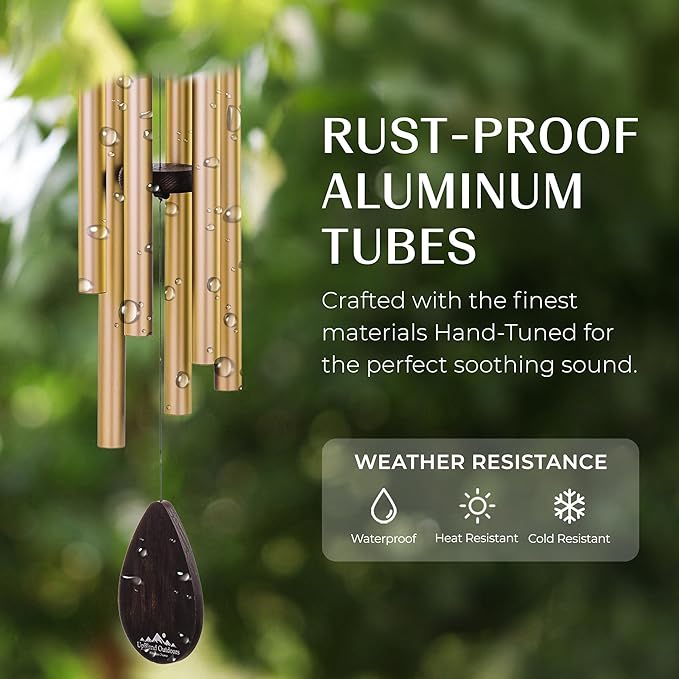 UpBlend Wind Chimes for Outside Gift – Deep Tone Wind Chime with Decorative Stone – Porch & Patio Decor, Elegant Outdoor Ornament, Garden Gifts. 28” Gold.