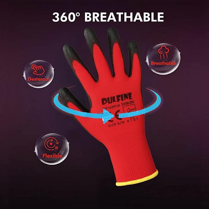 DULFINE Safety Work Gloves PU Coated-12 Pairs,Red Seamless Knit Glove with Polyurethane Coated Smooth Grip on Palm & Fingers, for Men and Women, Ideal for General Duty Work (X-Small)