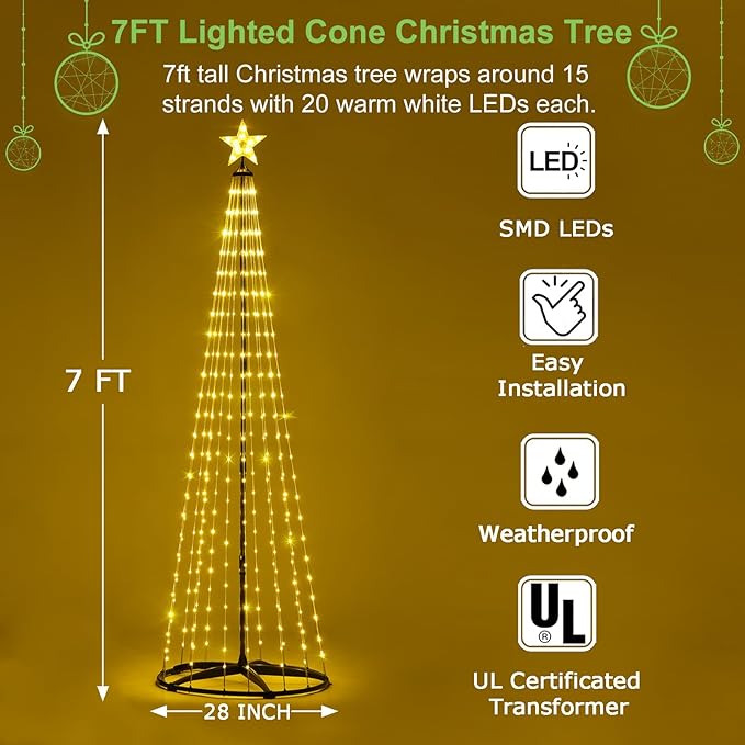 7 ft Lighted Outdoor Christmas Tree, 310 LEDs Pre-lit Christmas Cone Tree with Star Topper for Indoor and Outdoor Holiday Decorations (Warm White)