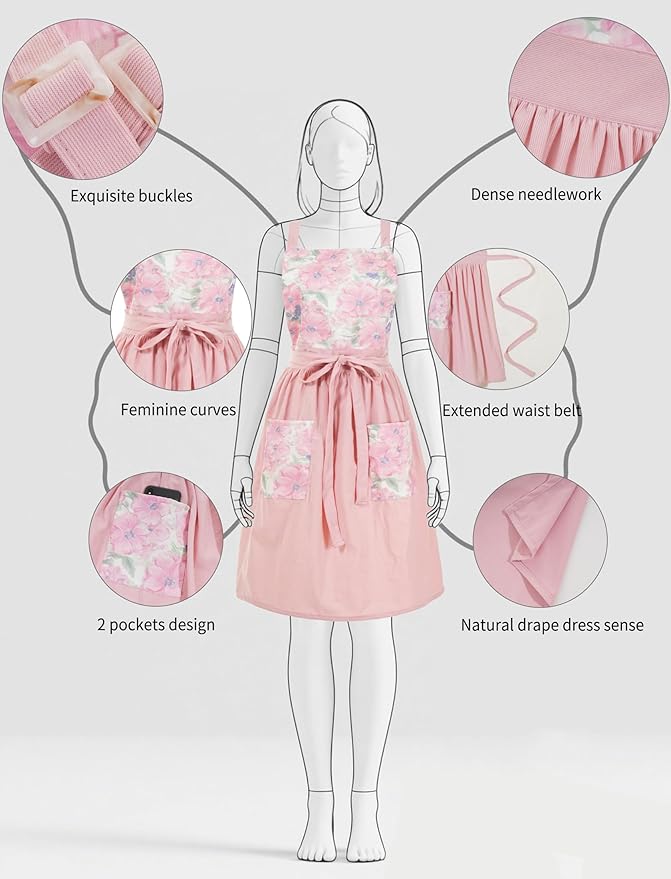 Vintage Pinafore Apron Dress for Women with Pockets Cute Floral Chef Aprons for Kitchen Cooking Baking Gardening