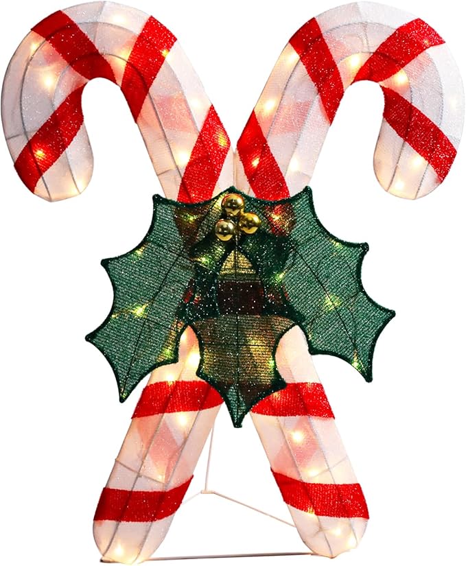 Lighted Christmas Candy Cane Decoration Outdoor Pre-lit 3D Crossed Candy Cane Glittered with LEDs Lighted Up Standing Ornament Outdoor Indoor Christmas Decoration for Home Lawn Yard Garden Display