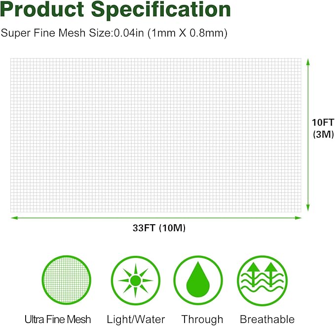 Garden Netting 10x33Ft, Ultra Fine Plant Cover, Insect Netting Barrier Mesh for Plants Vegetables Fruits Flower, Row Covers Raised Bed Protection Net, Birds Animals Screen