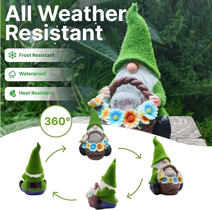 Garden Gnome Statues Decor with Solar Lights, Outdoor Decorations for Yard Porch Lawn Balcony Patio, Housewarming Gifts