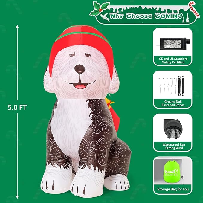 COMIN 5 FT Tall Christmas Inflatables Outdoor Decorations Blow Up Xmas Old English Sheepdog Carrying Presents with Built-in LEDs for Christmas Indoor Outdoor Yard Lawn Garden Decorations