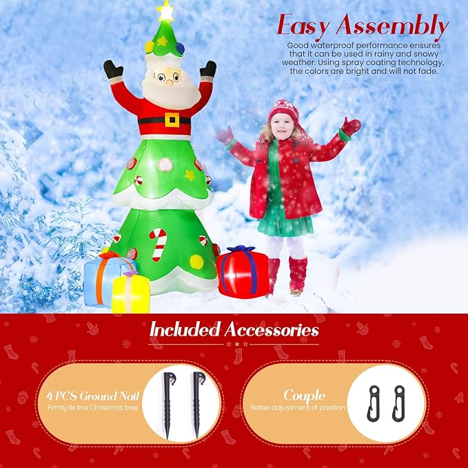 8-Foot Christmas Tree Outdoor Yard Inflatable Decoration with Christmas Santa Claus Decorations (with LED Lights), Includes Gift Box, Perfectly Suitable for Christmas Holiday Lawns and Garden Parties