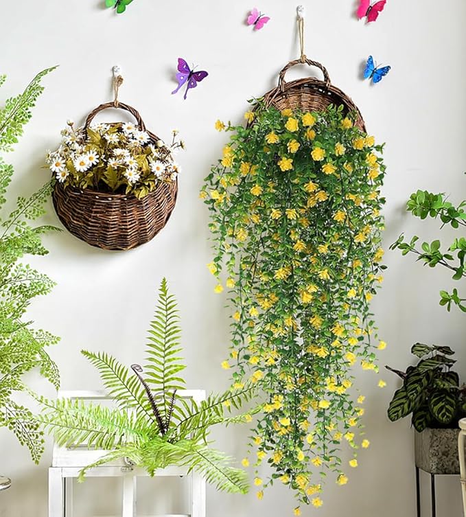 WEISPARK Artificial Hanging Flowers, 9pcs Fake Eucalyptus Vine Faux Flower Greenery Garland Plastic Plants for Indoor Outdoor Wall Garden Wedding Home Party Decor (9pcs Yellow)