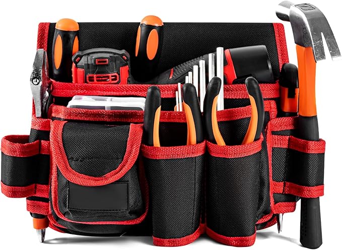 Ultra-Thick Men's Tool Belts Fits Waist 31”to 52” Adjustable Oxford Work Pouch with 15 Durable Pockets, Ideal for Repair & Electrical Work (Orange, Extra Large)
