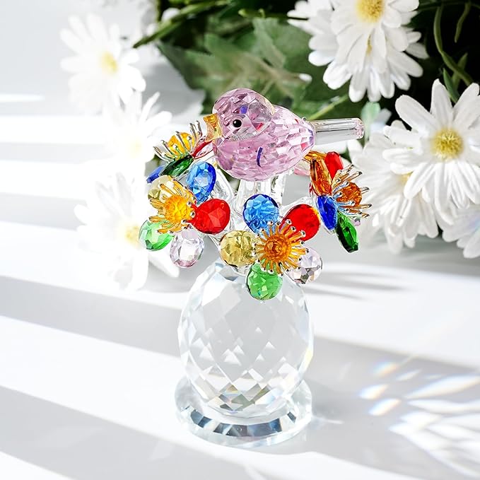 Crystal Bird & Forget-Me-Not Flower Figurine,3x4 inch Glass Flower Collectible Ornaments for Home Decor Table Centerpiece Glass Bouquet Flowers Keepsake Gifts for Women （Colorful）