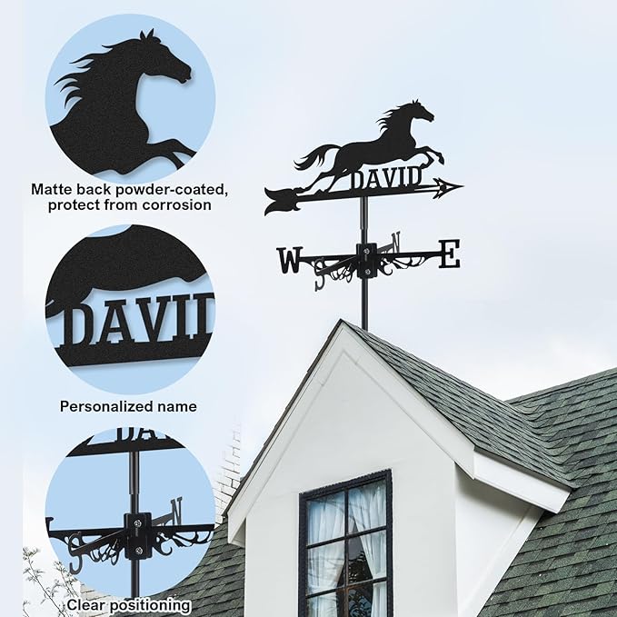Personalized Horse Metal Weather Vane, Custom Last Name Weathervane, Wind Direction Indicator, Weather Vanes Roof Mount, Wind Vane Outdoor Decor for Farmhouse Garden Yard Cupolas, Customized Gifts