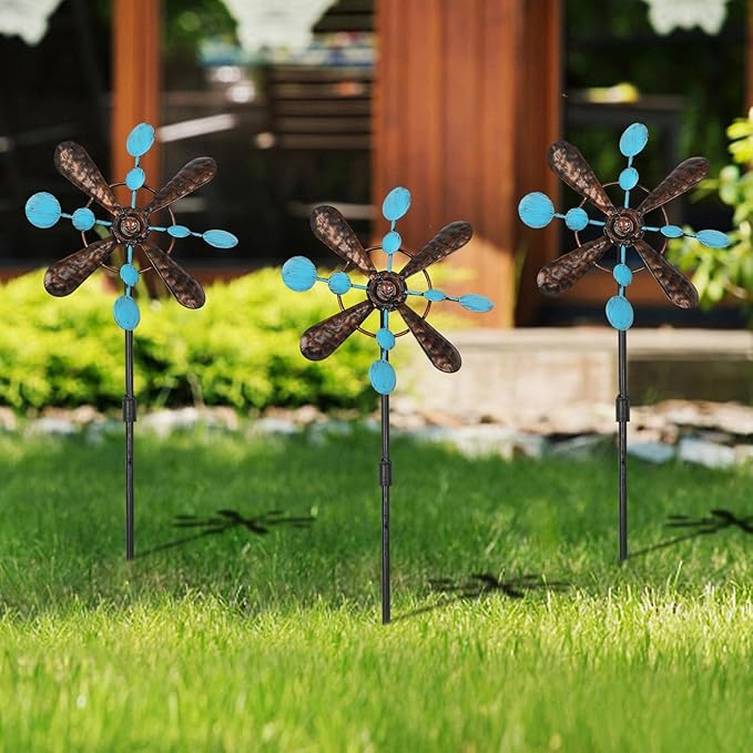 3 Pack Wind Spinners with Metal Stake, 16.3 Inches Yard Garden Sculptures for Outdoor Spring Decoration Lawn Patio Wind Catcher Windmill (Blue spot)