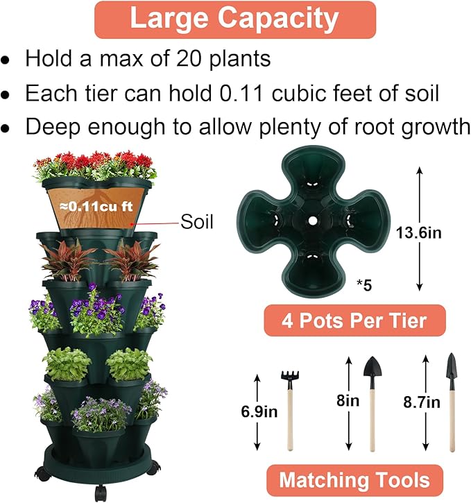 GameXcel Vertical Planter 6 Tier Stackable Planters Garden Planters Strawberry Herb Flower and Vegetable Planter Indoor Outdoor Gardening Pots with Removable Wheels and Tools 2-Pack
