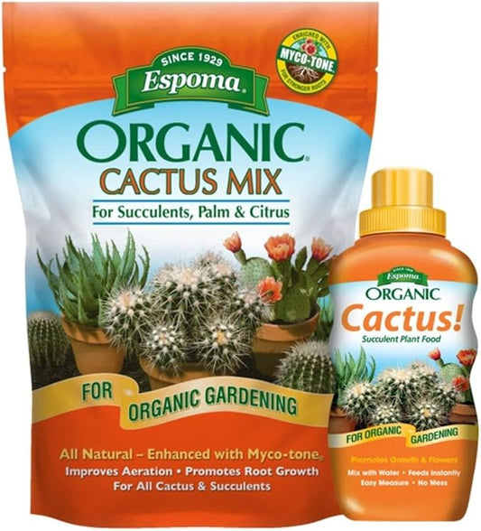 Espoma Organic Cactus Soil Mix 4qt Bag and Cactus! Liquid Plant Food Concentrate 8oz Bottle. Use for Cactus & Succulents - for Organic Gardening - Combo Pack