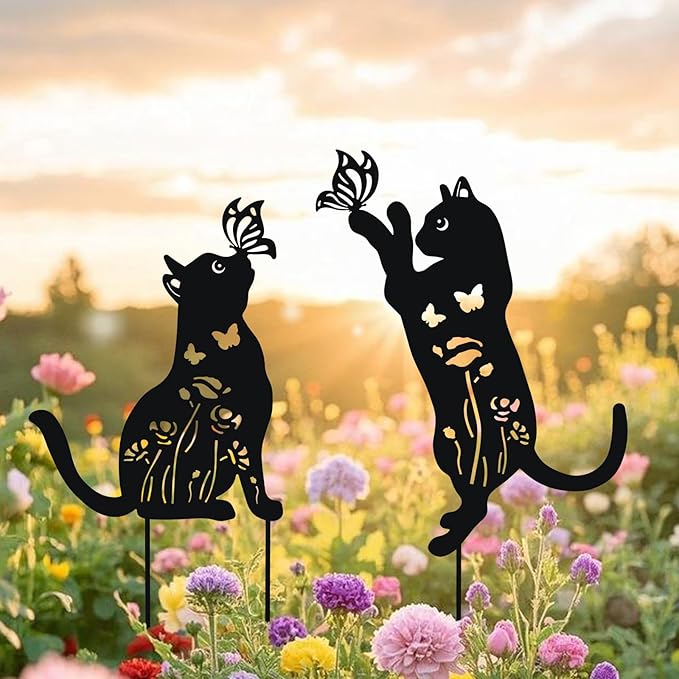 WONDER GARDEN Metal Cat Decor for Outside - 2 Pack Garden Stakes Decorative, Black Cat Silhouette Statues Lawn Ornaments Yard Art Patio Decor Women Men Mom Gifts