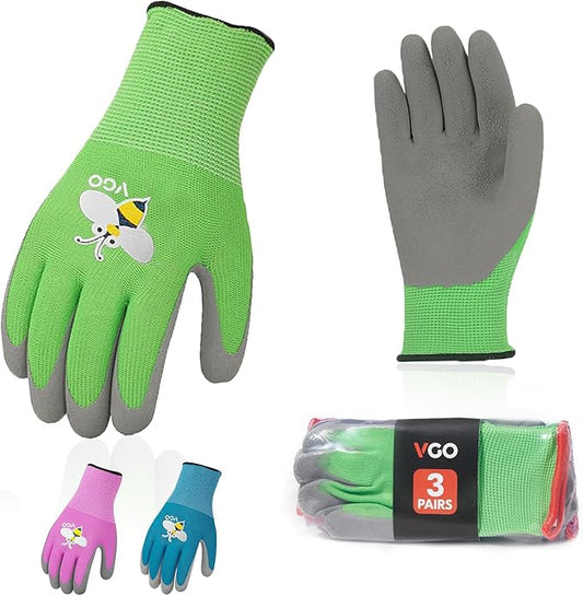 Vgo... 3-Pairs Age 3-5 Kids Gardening Gloves, Children Yard Work Gloves, Soft Safety Rubber Gloves (XXXS, KID-RB6013)