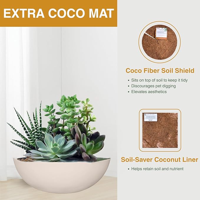 6.9"H x 19.7"D Round Bowl Fiberstone Planter for Succulent and Lotus - Christmas Tree Planter, Weather Resistant for Indoor & Outdoor Use, 2 Extra Coco Mats (Kilim Beige, 17.9" Pot Opening)