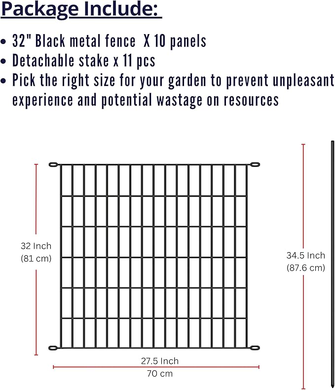 ShopLaLa Decorative Garden Fence (10 Panels) 28in(L) x 32in(H) Animal Barrier Fencing Rustproof Black Metal Wire Flower Edging for Yard Landscape, Small Dog Border No Dig Patio Outdoor Decor D-YC32